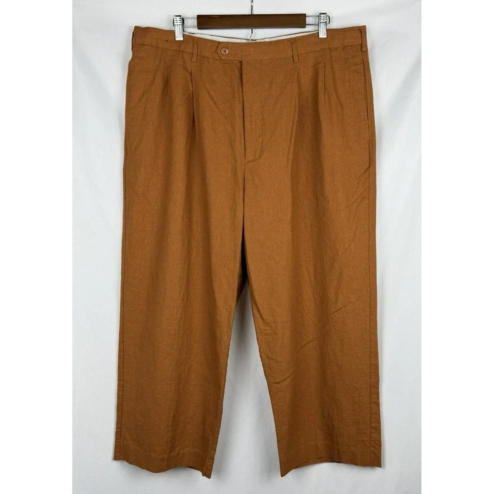 Vintage TRUST Unisex Linen Rayon Pleated Pants 40W 25L (Tag 40x30) Brown Cognac